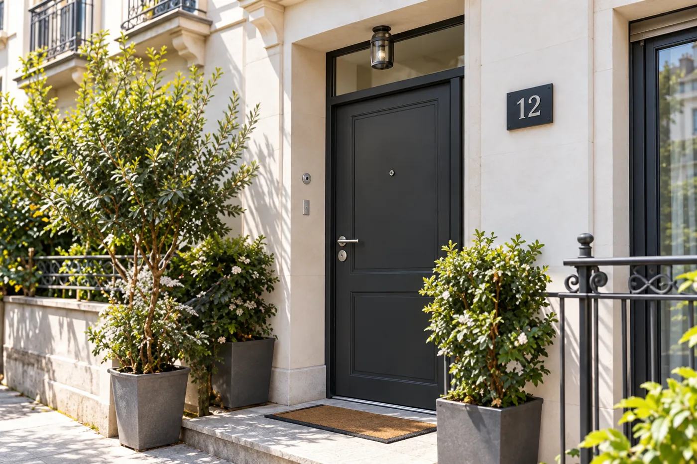 Porte d'entrée graphite fermée, encadrée de plantes, au pied d'un immeuble clair